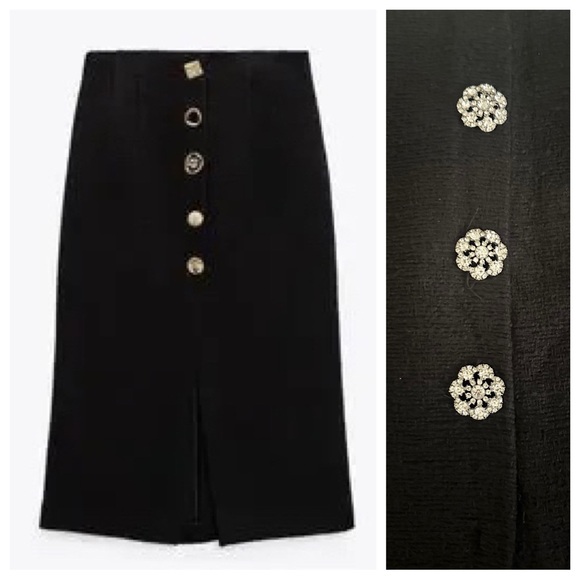 NWT. Zara Black Textured High-Waisted Midi Skirt with Jeweled Buttons Size XXL. - Picture 3 of 13